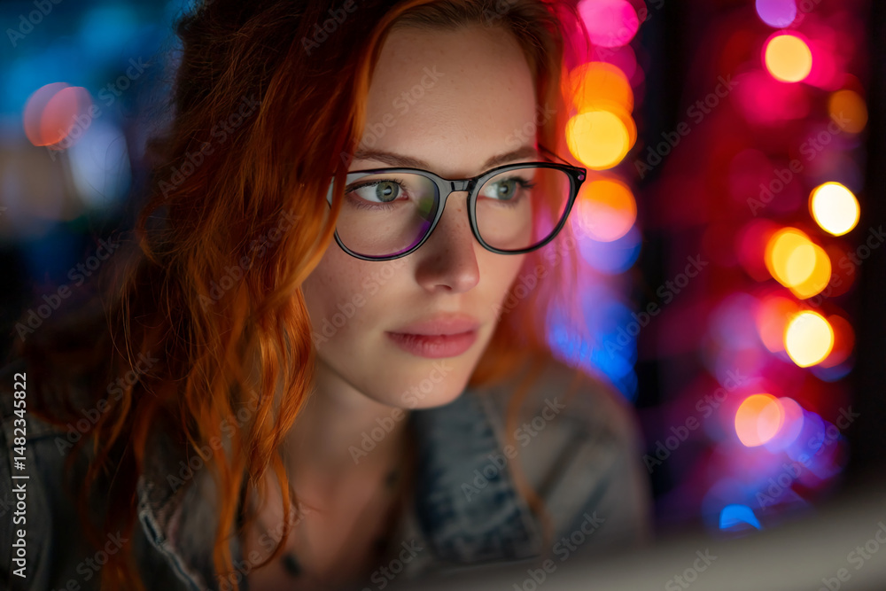 Close-up of woman with red hair and glasses, looking intently at a screen, set against a colorful bokeh background, suggesting focus and digital engagement Close-up of woman with red hair and glasses, looking intently at a screen, set against a colorful bokeh background, suggesting focus and digital engagement
