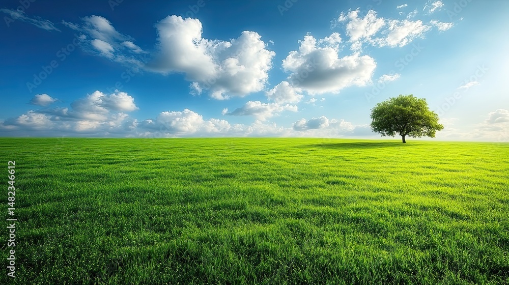 Obraz premium Lone Tree with Green Field, and Sunny Sky.