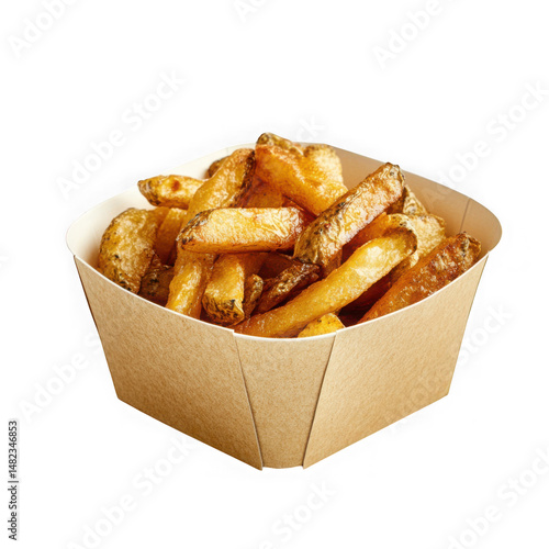 French fries in paper container isolated on transparent background