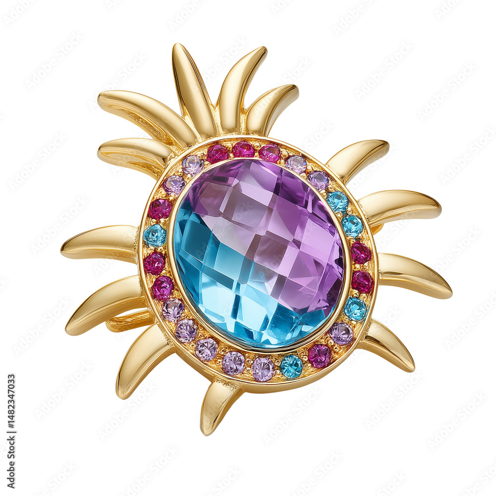 Colorful gemstone brooch isolated on white
