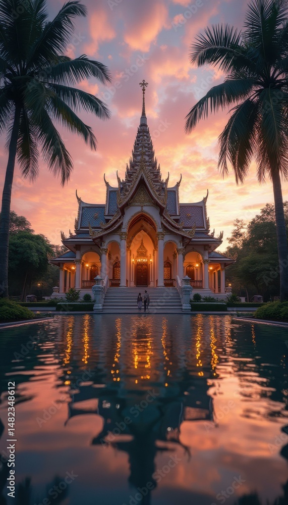 Obraz premium Ornate temple building illuminated by the sunset with reflecting pool and palm trees