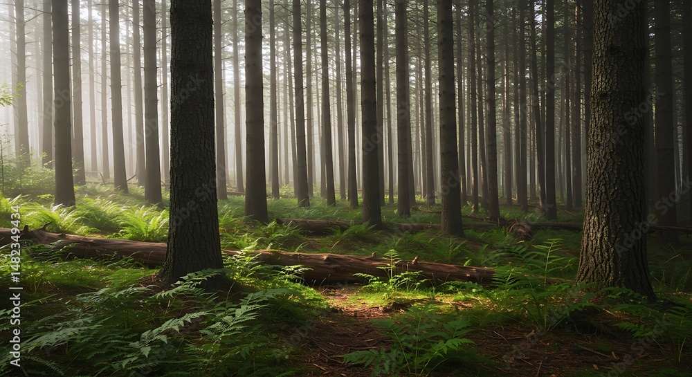 Obraz premium Misty Sunlight in a Tranquil Forest