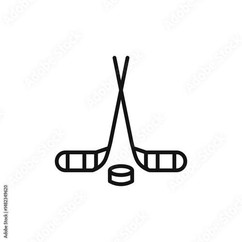 Photography hockey sticks and puck icon on white background. Editable stroke.