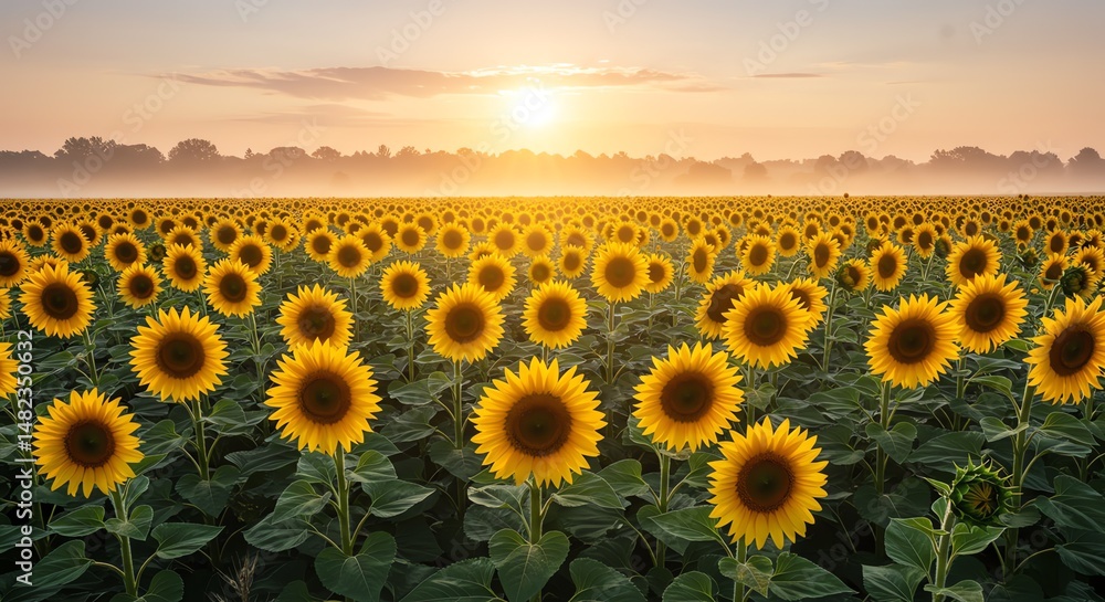 Obraz premium Sunflower field at sunrise