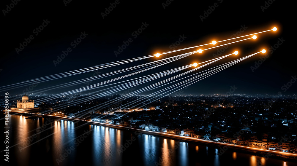 Fototapeta premium The Brooklyn Bridge at night showcases New York City's illuminated architecture over the East River, connecting Brooklyn and Manhattan under a dark sky