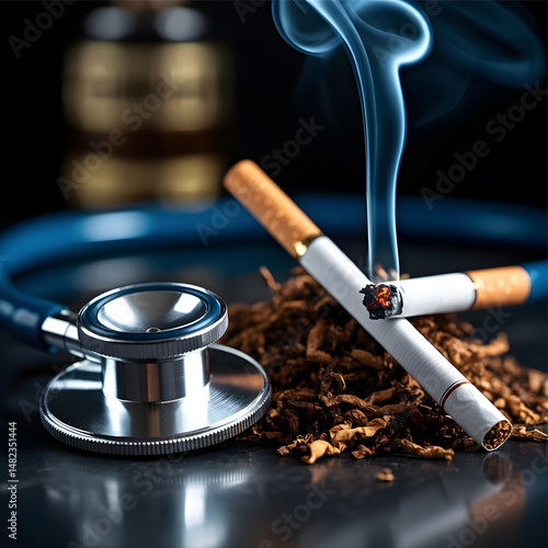 The dangerous effects of smoking represented by lit cigarettes tobacco and a stethoscope against a dark background.
