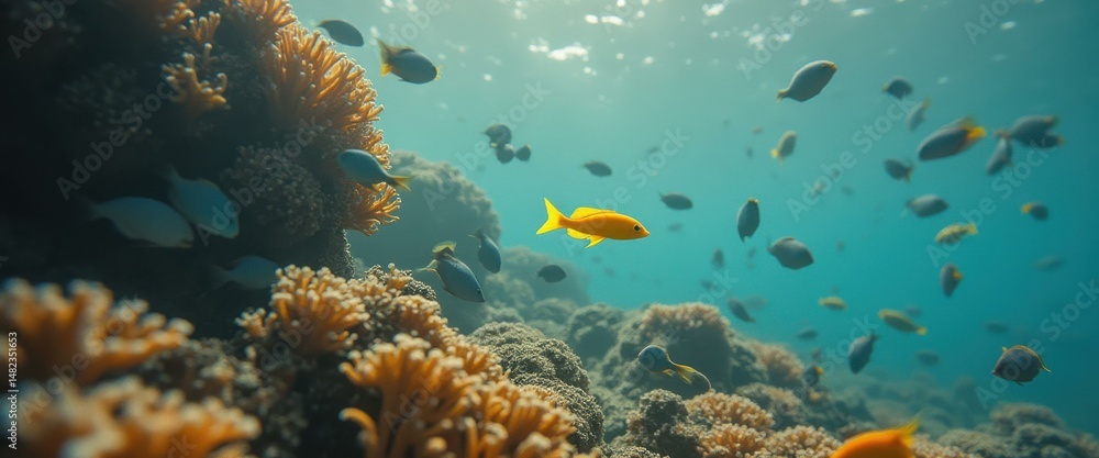 Obraz premium Underwater scene with a solitary yellow fish swimming among diverse schools and vibrant coral reefs