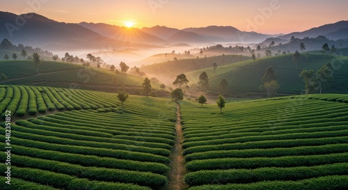 Serene sunrise over lush green tea fields with misty mountains in background