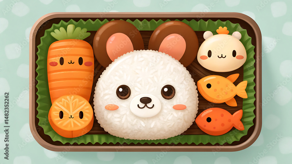 Obraz premium Adorable Kawaii Bento Box – Cartoon Animal Lunch Design