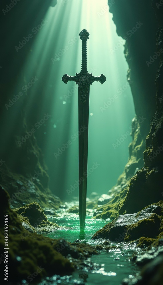 Naklejka premium Enchanted Sword Shines in Mysterious Green Grotto, Fantasy Weaponry Concept