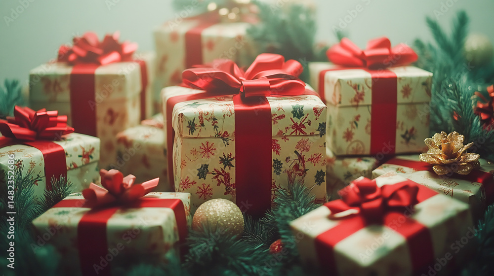 Obraz premium Festive arrangement of beautifully wrapped Christmas gift boxes in various sizes adorned with elegant ribbons and bows luxurious holiday presents on a crisp white background