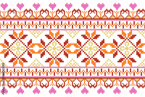 Cross stitch pattern concept showcasing traditional ethnic geometric pattern, Design for textile, background,carpet,wallpaper,clothing,wrapping,Batik,fabric,Vector illustration	

