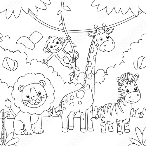 Adorable African Safari Animals Coloring Page featuring a Lion, Monkey, Giraffe, and Zebra in a lush jungle setting perfect for kids educational activities and creative fun.