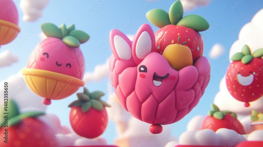 Fototapeta premium Cute fruit balloon bunny floating in sky