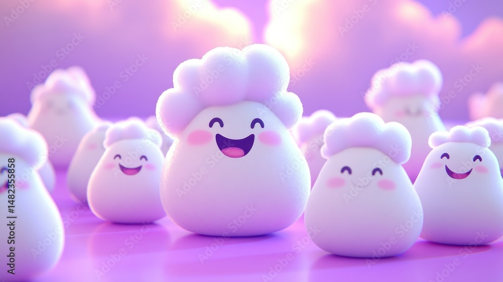 Joyful cloud characters in a vibrant scene Joyful cloud characters in a vibrant scene