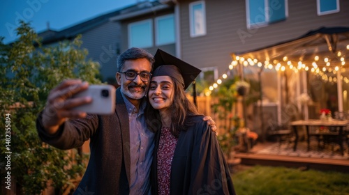 Proud father taking selfie with graduating daughter in backyard