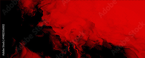 Abstract dots halftone red color pattern gradient texture with technology digital background. Graphics pop art comics style.