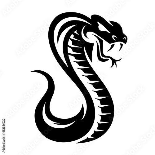 old black and white illustration of a coiled cobra with hood flared and fangs bared, captured in a dynamic, aggressive pose. The stylized tribal design emphasizes motion and menace.