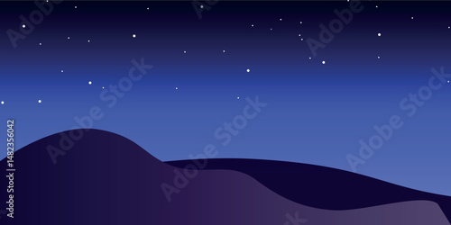 a natural night landscape with a starry sky and silhouettes of hills or low mountains, made in dark colors.