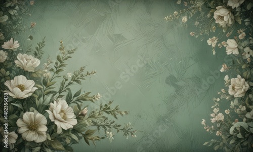 Muted green floral grunge backdrop, faded blooms & textured overlay, image, art