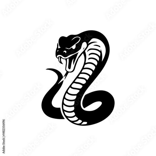 old black and white illustration of a coiled cobra with hood flared and fangs bared, captured in a dynamic, aggressive pose. The stylized tribal design emphasizes motion and menace.