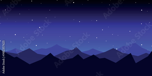a night sky with a gradient from dark blue at the top to light blue at the bottom, with scattered white dots resembling stars. The lower part shows the silhouette of mountain ranges in dark shades of 
