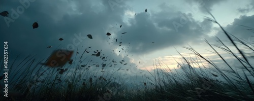 Blowing in the wind over strong grass with sunrise sky concept. A dramatic landscape showcasing a stormy sky and swaying grass.