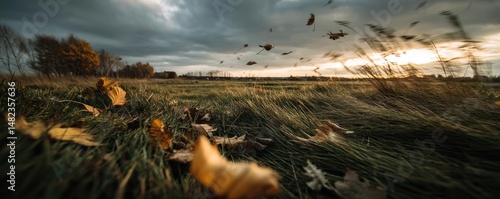 Blowing in the wind over strong grass with sunrise sky concept. A serene landscape at sunset with swirling leaves and grass.