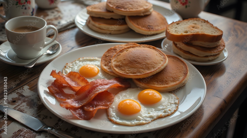 Classic Breakfast: Pancakes, Eggs, Bacon, Toast, Coffee Classic Breakfast: Pancakes, Eggs, Bacon, Toast, Coffee