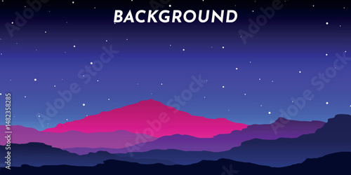 Stylized digital landscape background with night mountain landscape. The sky goes from dark blue to lighter blue towards the horizon and is dotted with small white stars.