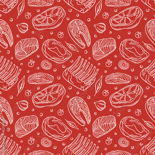 Seamless meat pattern with line art style steak meat and fish, ribs, herbs, garlic, onion on red background. Ideal for butcher packaging, food design and restaurant menu.