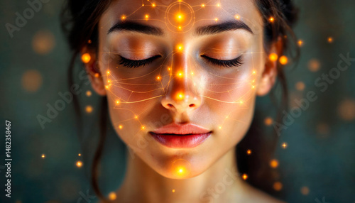 Energy meridian map overlay on calm face during meditation