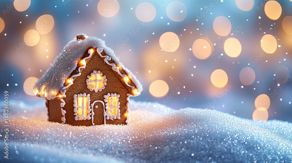 Fototapeta premium A tiny gingerbread house on a snowy mound under a blue sky with twinkling Christmas lights.