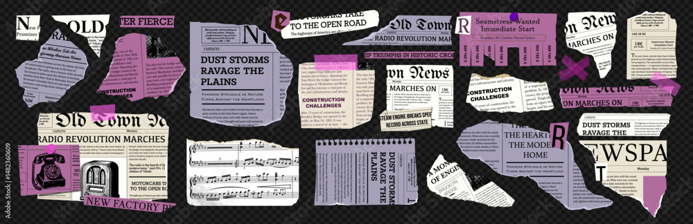 Naklejka premium Set of torn newspaper, ripped textures, old book pages and music paper. Pinned ripped notes with sticker details, and tape. Trendy Y2K vector elements. Perfect for collage, poster design, scrapbooking