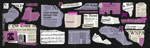 Set of torn newspaper, ripped textures, old book pages and music paper. Pinned ripped notes with sticker details, and tape. Trendy Y2K vector elements. Perfect for collage, poster design, scrapbooking