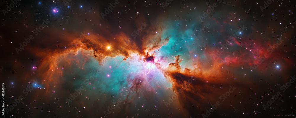 Fototapeta premium A stunning galaxy reveals ethereal clouds of lavender, teal, and crimson hues. This celestial view captures the enchanting beauty of cosmic wonders with its glowing gas and dust.