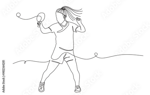 continuous single line art of a woman icon with loose hair playing table tennis. vector illustration
