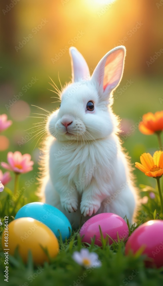 Obraz premium Fluffy white rabbit amidst rainbow eggs, blooming wildflowers at dawn , flowers, adorable, image