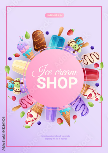 Bright design of the ice cream shop flyer. Different types of ice cream. The concept of summer, sweets, confectionery. A4 vector illustration for posters, banners and advertisements