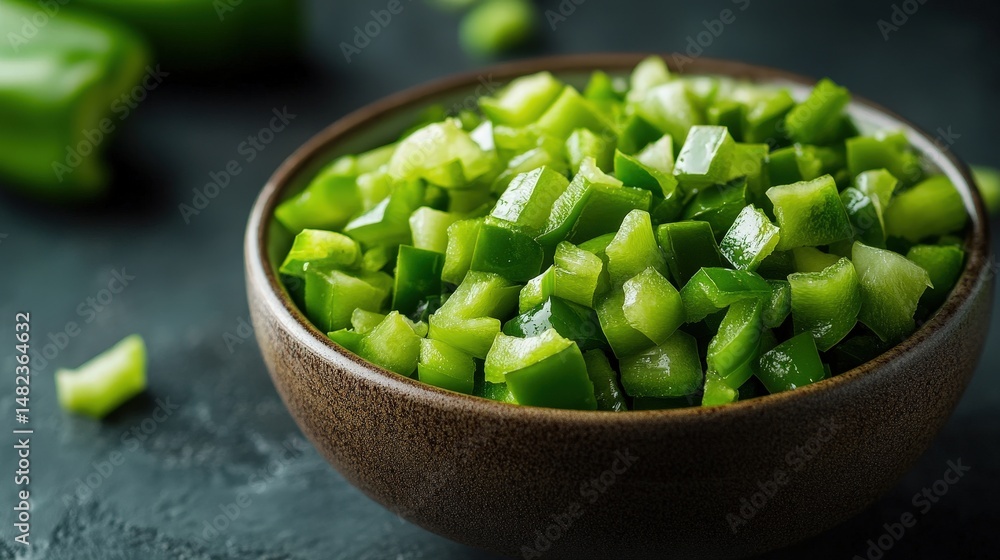A bowl filled with chopped green bell pepper pieces, perfect for adding a crunchy texture to tacos or as a colorful ingredient in a salad A bowl filled with chopped green bell pepper pieces, perfect for adding a crunchy texture to tacos or as a colorful ingredient in a salad