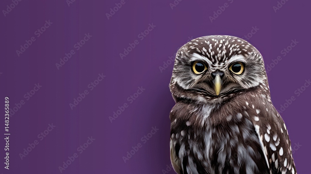 Fototapeta premium Close-up of a small owl with bright yellow eyes, detailed feathers, sharp gaze, nocturnal bird, wildlife portrait, isolated on purple background, high resolution, Copy Space