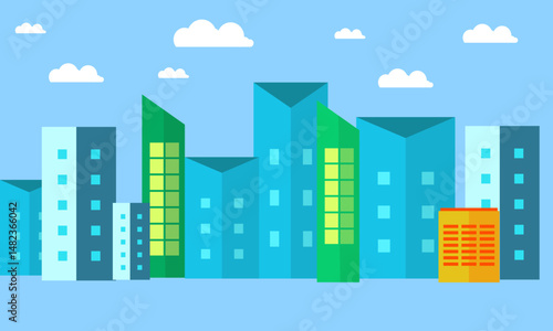 view of buildings with a cloudy sky background.Modern architectural landscape,Vector flat art in light blue Central city buildings