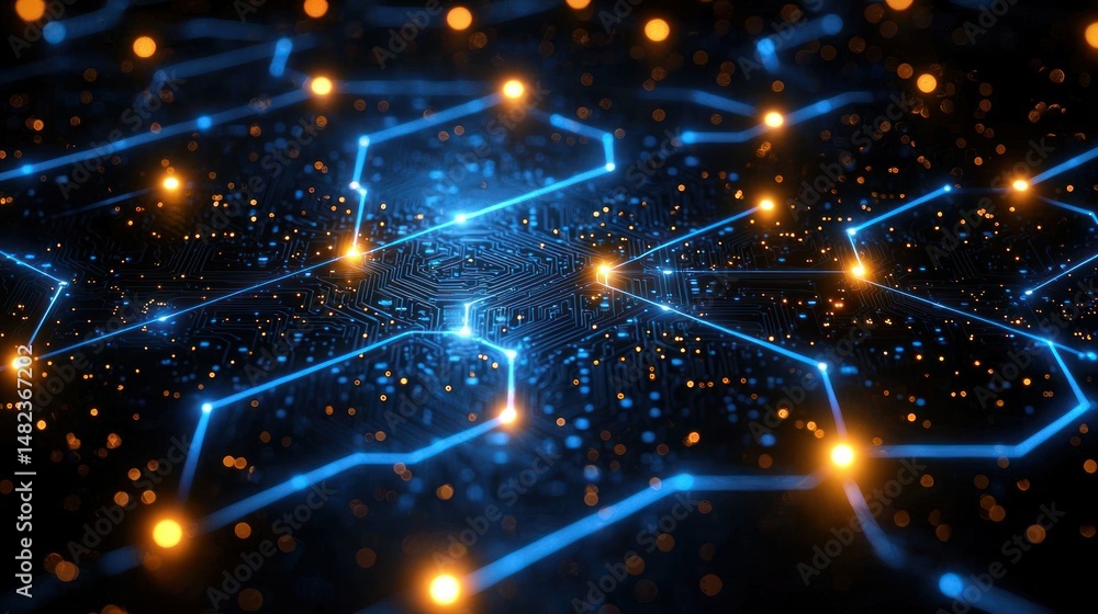 Fototapeta premium Glowing connections on a dark circuit board abstract design