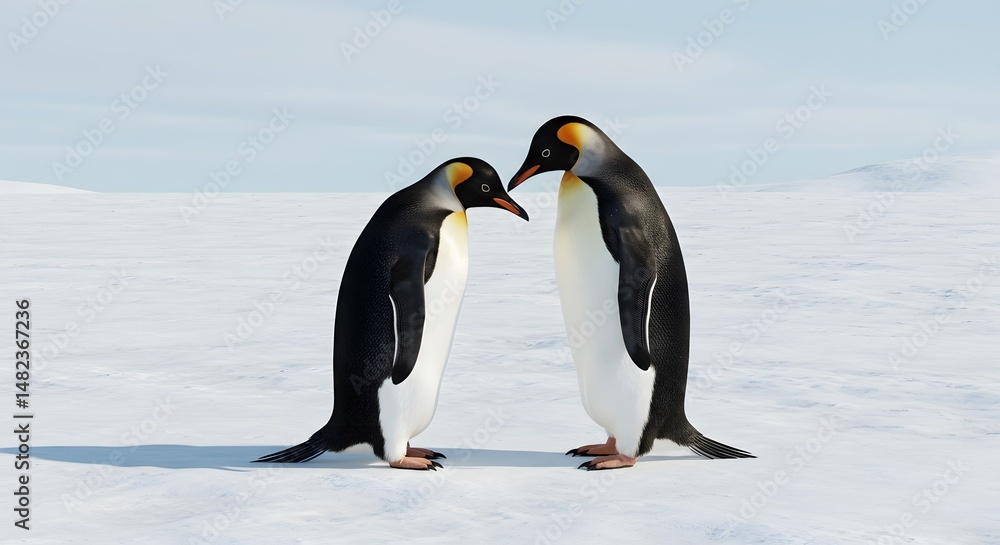 Obraz premium Two Penguins Standing on Snow-covered Land with a Light Blue Sky