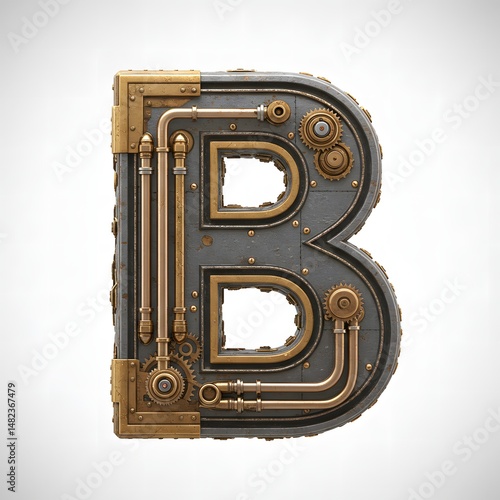 Steampunk metal letter B with gears and pipes