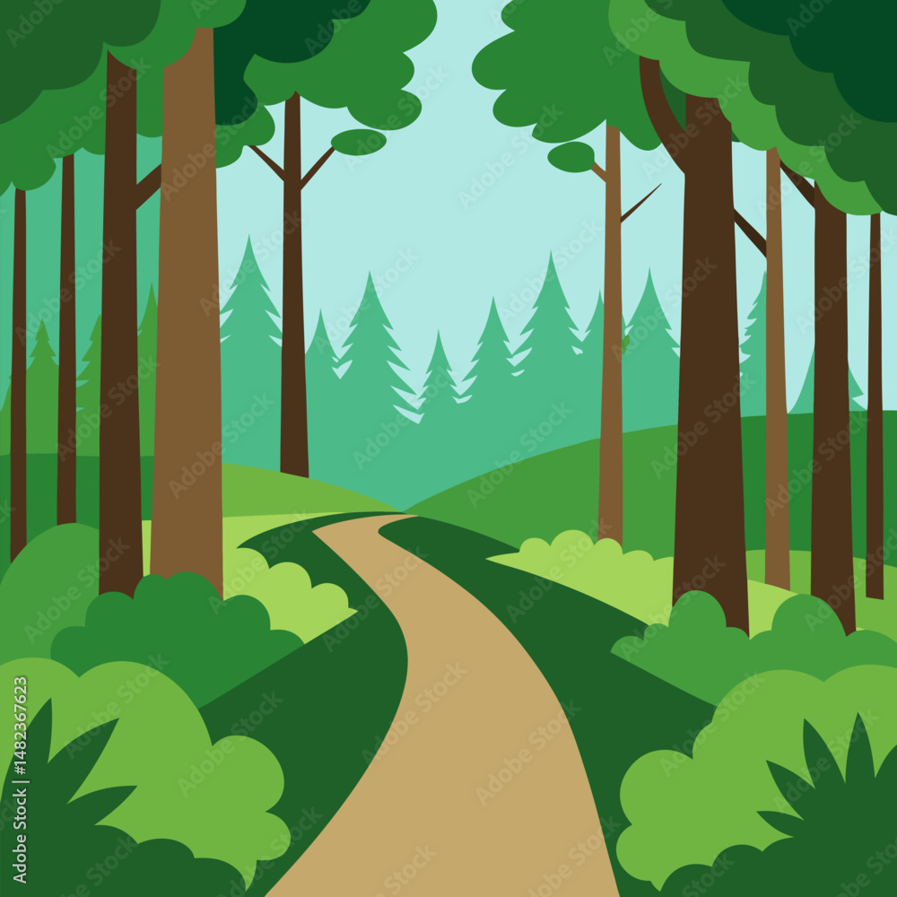 Obraz premium Path in the middle of the forest vector landscape background.