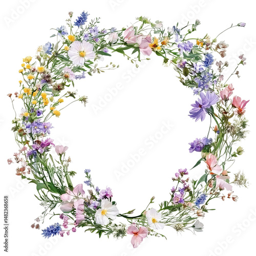 Wreath of wild flowers, pastel colors, on a transparent Background Png file Format