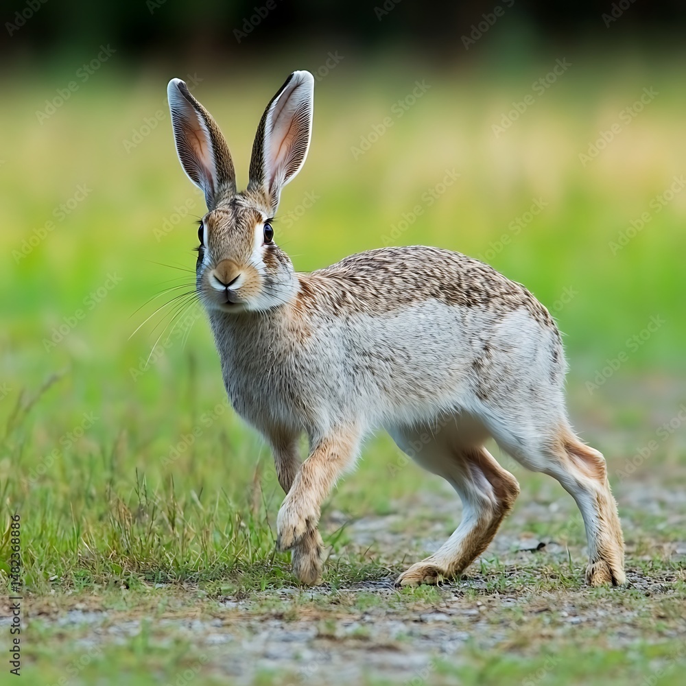 Fototapeta premium Alert Hare Strolling Across Meadow in Natural Habitat with Expressive Eyes