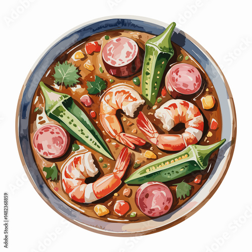 Watercolor Bowl of Louisiana Gumbo with Shrimp and Okra
