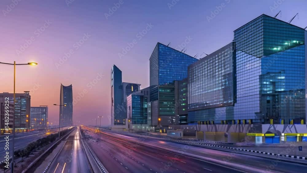 Blue Hour Twilight Over King Abdullah Financial District Skyscrapers in Riyadh, Saudi Arabia, Featuring Cinematic Urban Skyline and Reflective Glass Facades with Serene Desert Backdrop Blue Hour Twilight Over King Abdullah Financial District Skyscrapers in Riyadh, Saudi Arabia, Featuring Cinematic Urban Skyline and Reflective Glass Facades with Serene Desert Backdrop